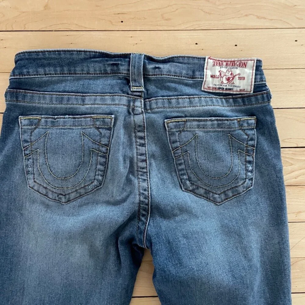 Y2K True Religion Low Rise Skinny Jeans Blue Distressed Size 28 Indie Sleaze